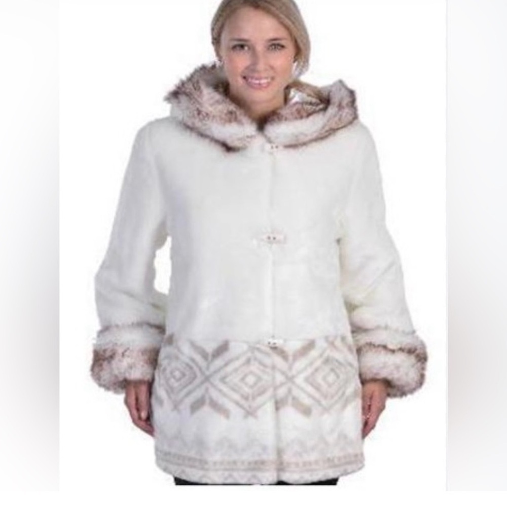 Hannah By Mar-Lo Merle Faux Fur
Hooded Coat Toggle Buttons Aztec Pattern EC XL